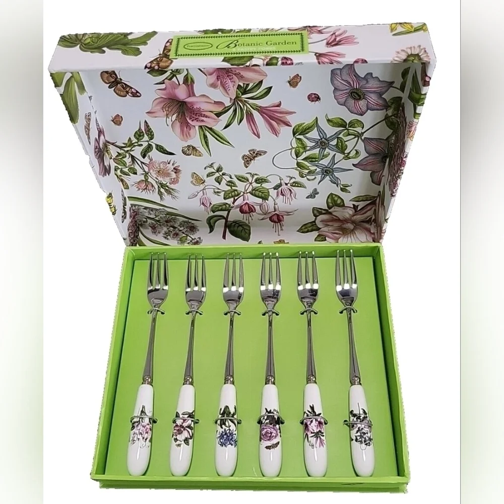 Portmeirion Botanic Garden Set of 6 Pastry Forks Porcelain Handles Floral Motifs - Picture 1 of 5